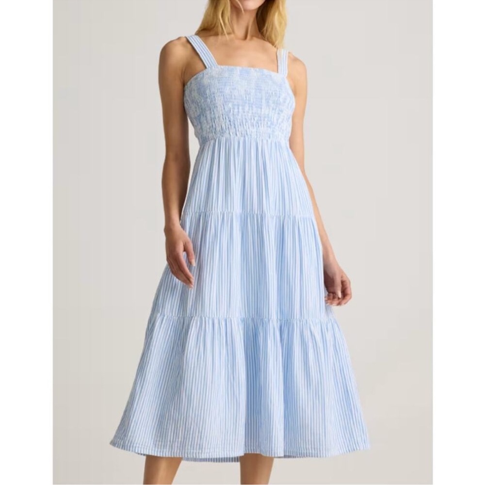 NWT Quince Organic Cotton Gauze Smocked Sleeveless Maxi Dress Bayside Stripe - M